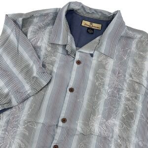 Tommy‎ Bahama 100% Silk Palm Tree Striped Button Down Short Sleeve Shirt Size L
